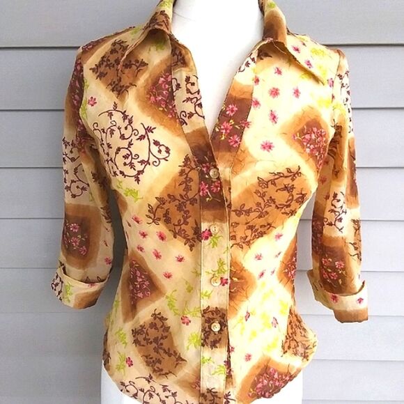 Blouse Chiffon Sheer Button Front 3/4 Length Sleeves Boho Patchwork Look… - Picture 1 of 16